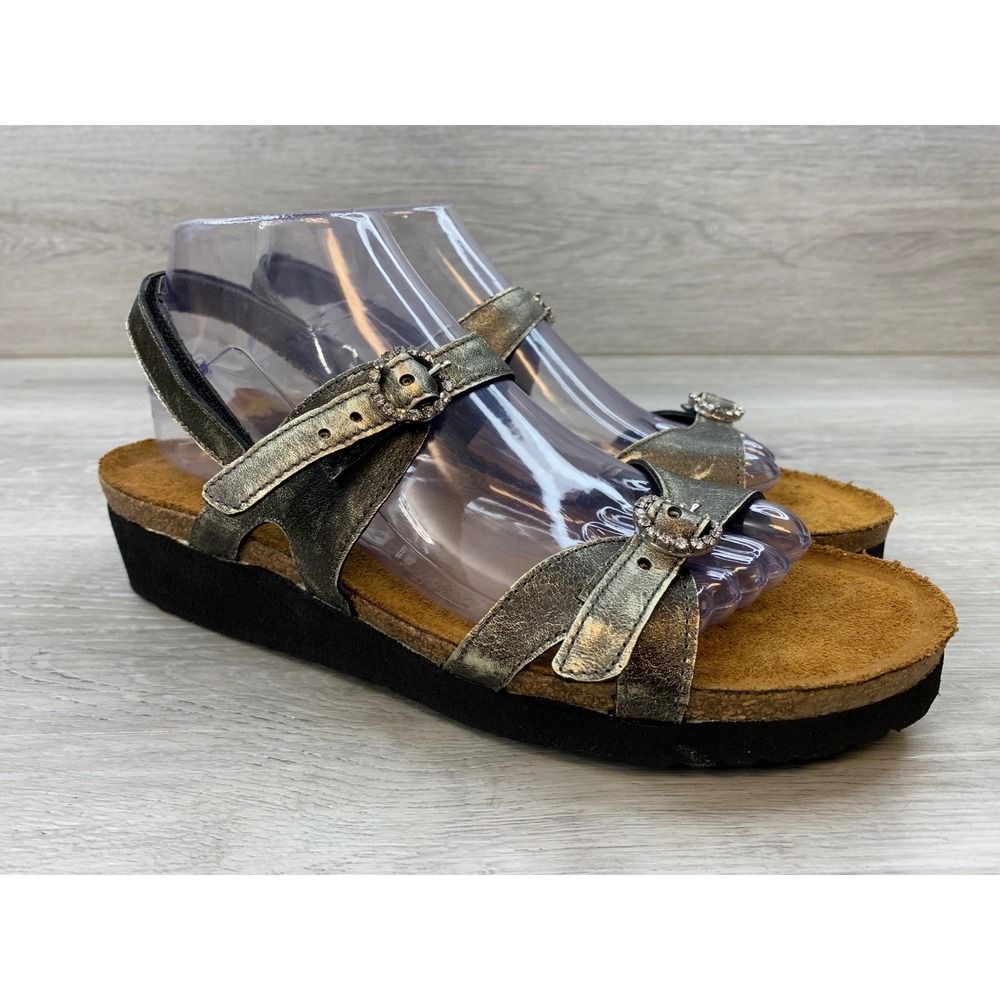 Naot Metallic Silver Leather Rhinestone Buckle Wedge Sandals Size 10 Shoes